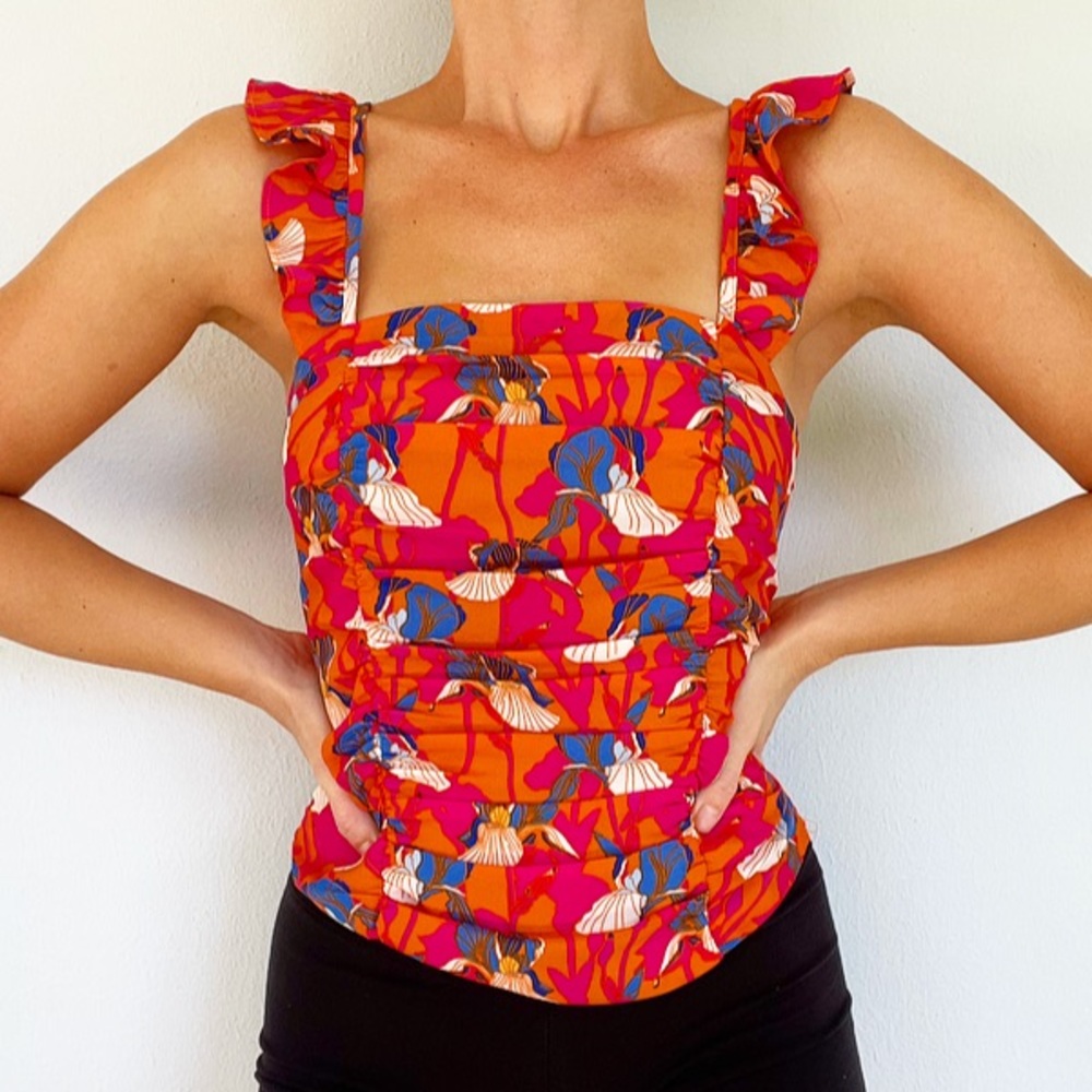 Rose & Olive orange tropical floral ruffle strap sleeveless blouse size XS